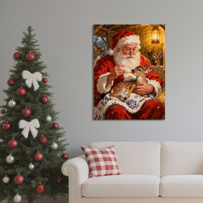 Père Noël tenant un cerf sur toile, H 18 po x l 12 po