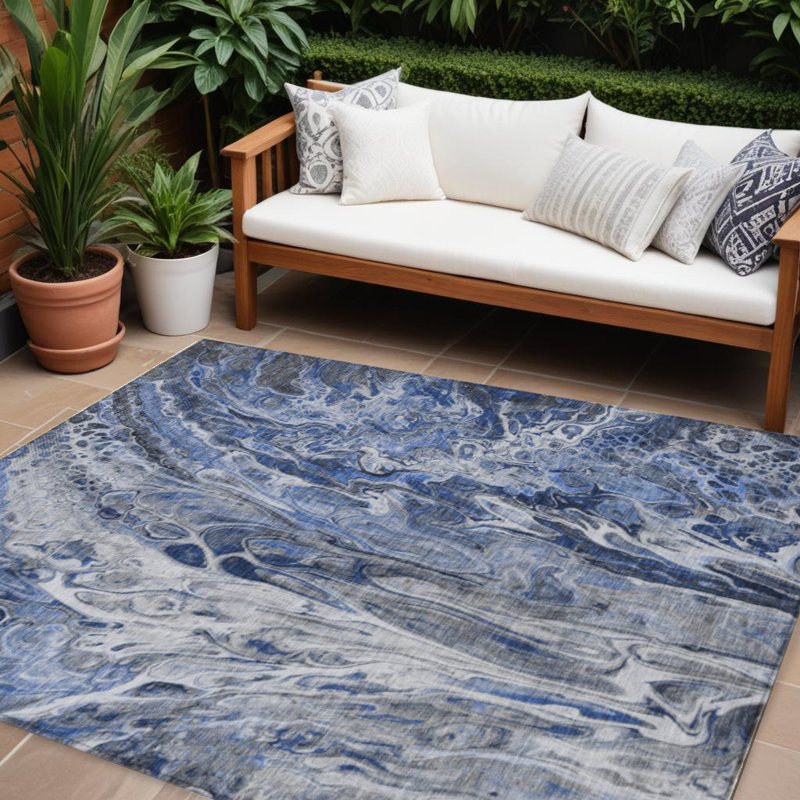 Tapis extérieur lavable abstrait bleu denim 9 pi x 12 pi bleu et bleu marine