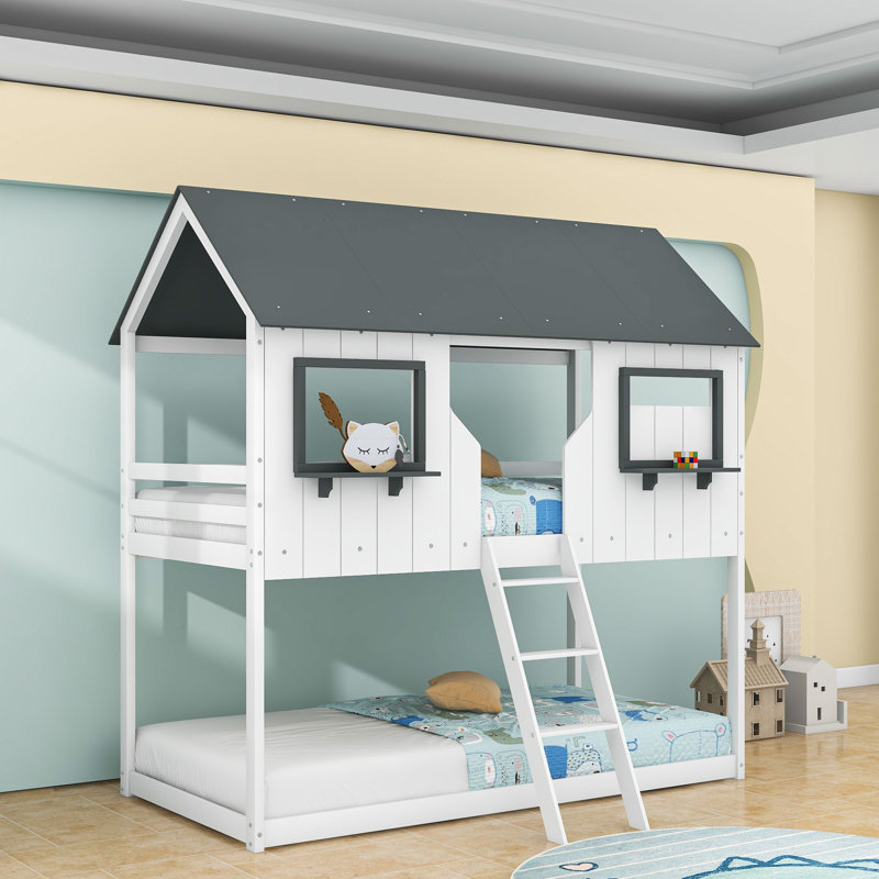 Kids Twin Over Twin Bunk Bed with Roof and Ladder, White