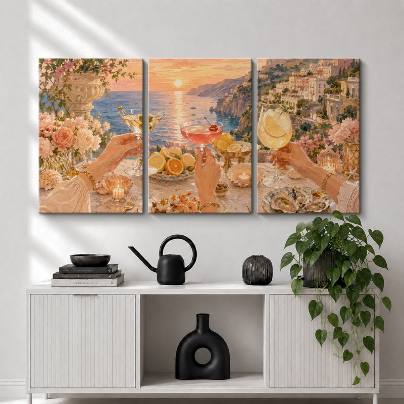 «Sunset Coastal Cocktail Terrace», images de salle à manger, impression sur toile encadrée, 3 pièces, Toile tendue