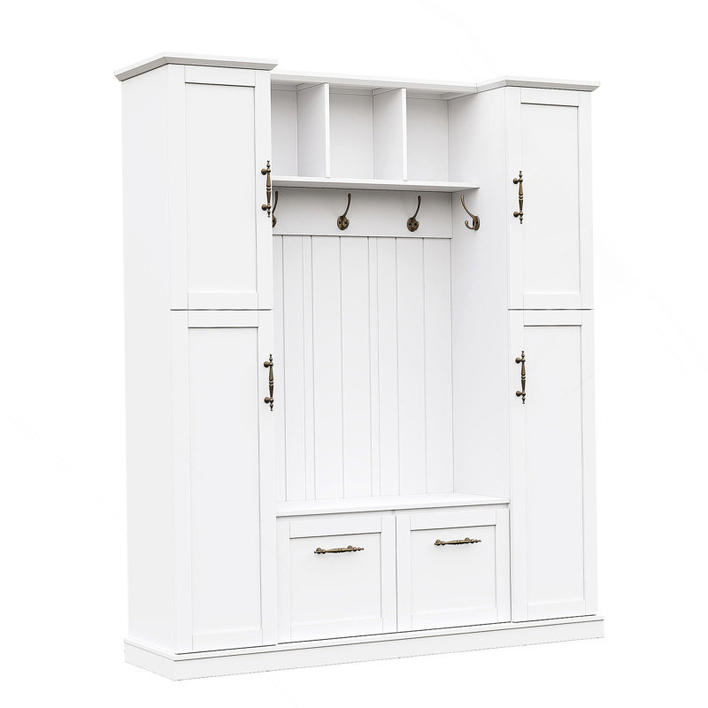 ON-TREND Farmhouse Elegant Hall Tree with 4 Side Cabinets, All-in-One Mudroom Furniture with Adjustable Shelves & Open Cubbies, Beadboard Entryway Bench with Coat Rack & 5 Hooks for Hallway, White