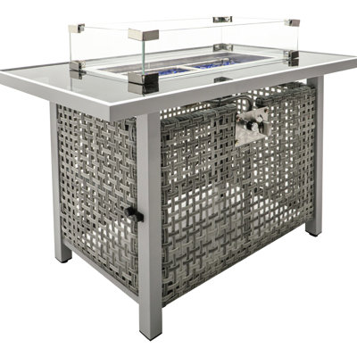 43" Rectangular Grey Open Weave Propane Fire Pit Table, 60000 , With Blue Glass Stones, Tempered Wind Guard, And 20Lbs Storage For Outdoor Family Gatherings Gas Bohemian Charm, Removable - Rust Lid