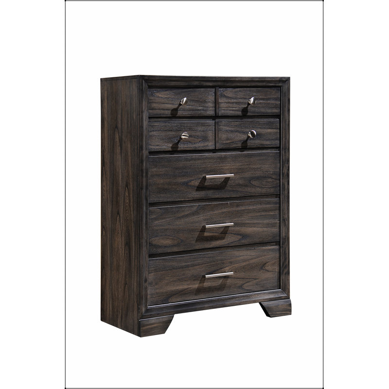 Commode contemporaine contemporaine à finition grain de bois foncé avec boutons en métal et plusieurs tiroirs de rangement pour les maisons modernes