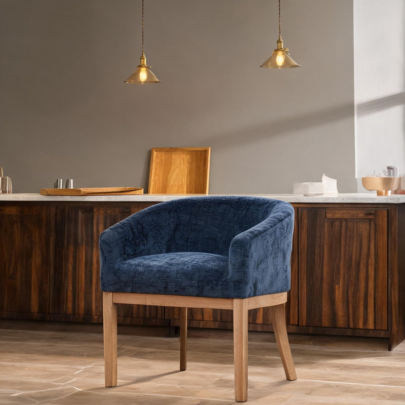 Fauteuil en chenille bleu riche pour la salle à manger et le salon, style baril de style Mid-Century moderne, structure en bois massif, siège de 19 pouces de large