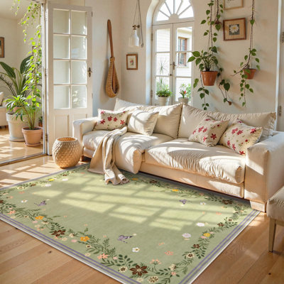 Kaldi Floral Rugs Soft Washable Carpet Ultra-Thin, Non-Slip Stain Resistant Under Table Rug