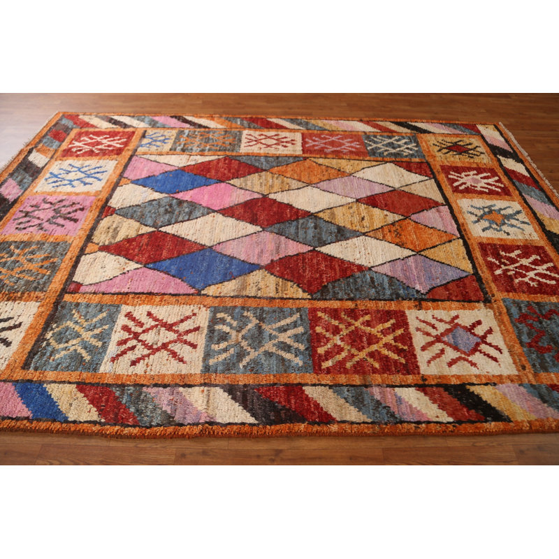 Tapis brun en laine noué à la main de conception unique 6 pi 8 po x 9 pi 10 po New Age