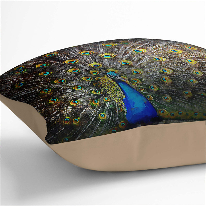 Peacock with Outstretched Feathers Cushion with Filling, 55cm H x 55cm W x 20cm D, Stone