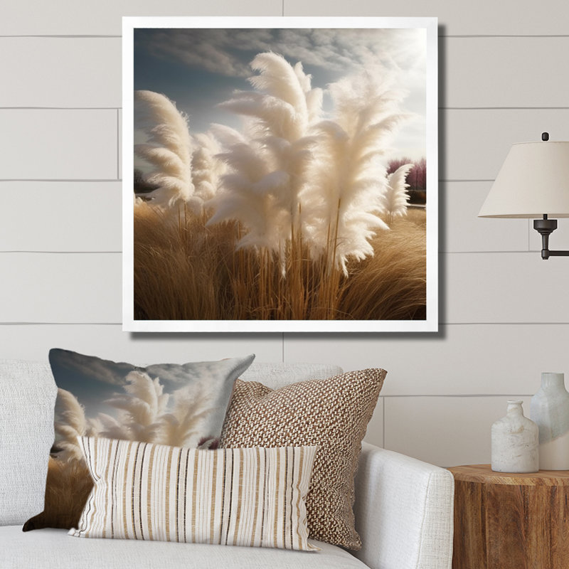 «White Pampas Meadows III», art mural floral, Cadre simple blanc, H 36 po x l 36 po x P 1,5 po