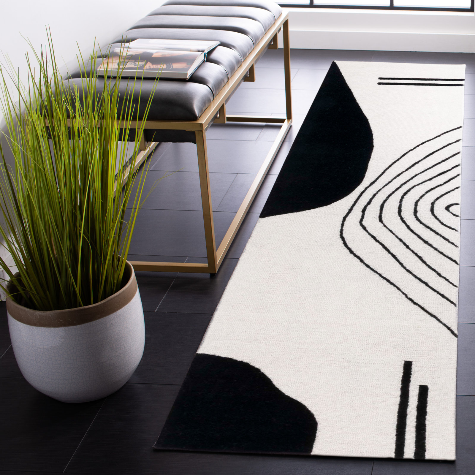 Felipe Ivory Black Hand-Woven Abstract Wool Rug, Runner 2'3" x 6'