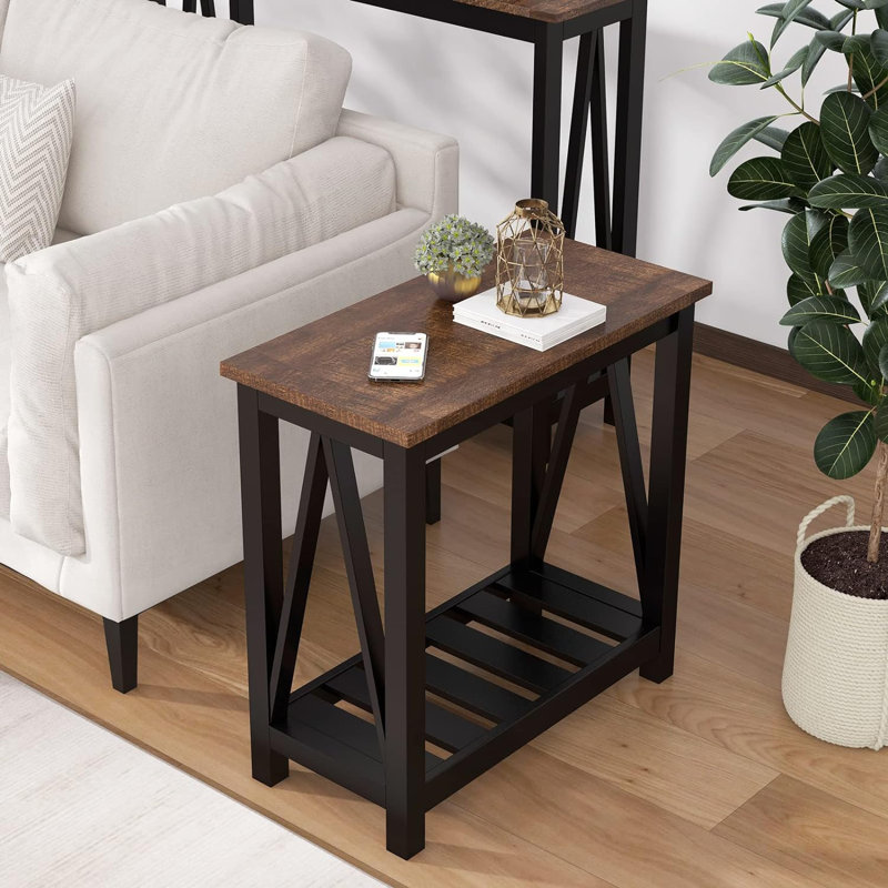 Ensemble de 2 tables de bout Farmhouse, table d'appoint rustique étroite avec tablette de rangement pour petits espaces, table de chevet ou canapé rétro pour le salon et la chambre à coucher