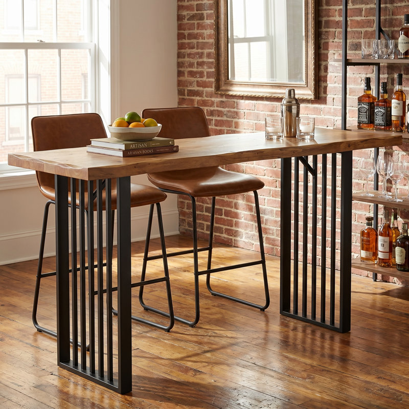 Table de bar de 160 cm en bois massif avec structure en métal de style industriel, idéale pour un bar ou une salle à manger à domicile.