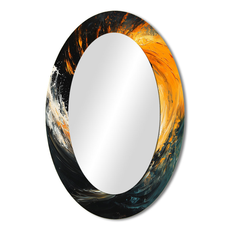 Yellow And Black Auroras Fractal Edge III - Abstract Oval Decorative Mirror On Metal, 36" x 24"