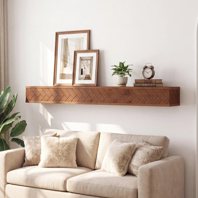 70.9" Long Floating Shelve for Wall, Solid Wood Wall Shelf with Hand-Carved Herringbone Design