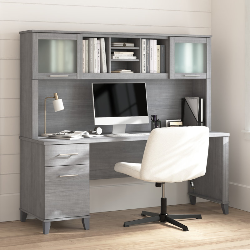 Bureau de 72 po avec huche, tiroirs, bureau d'ordinateur avec rangement Paelynn, bois moderne, gris platine, Gris platine