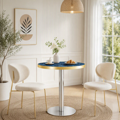 Table bistro ronde de 23,6 pouces avec bord en acier inoxydable et plateau en marbre brillant