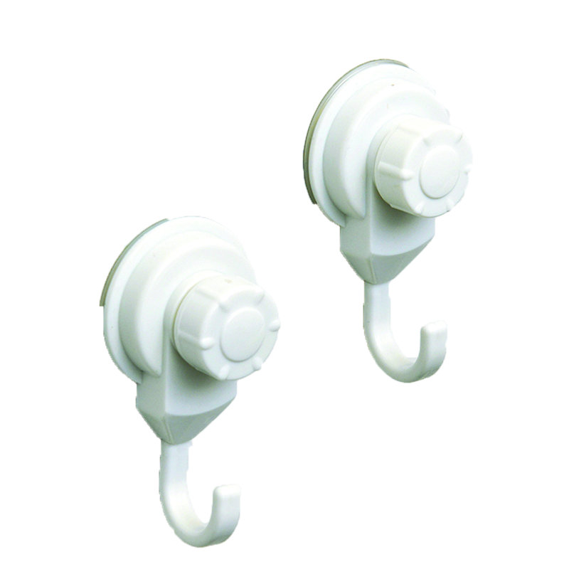 White Plastic and Metal Suction Cup Wall Hooks Set of 2