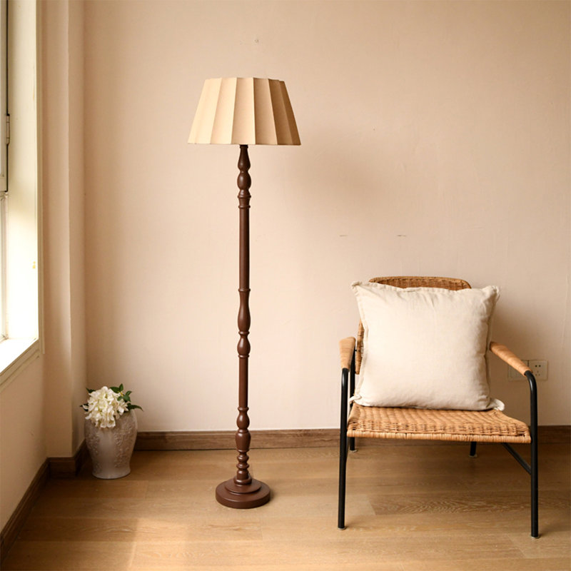 French Vintage-Style Fabric & Wood Floor Lamp, Brown