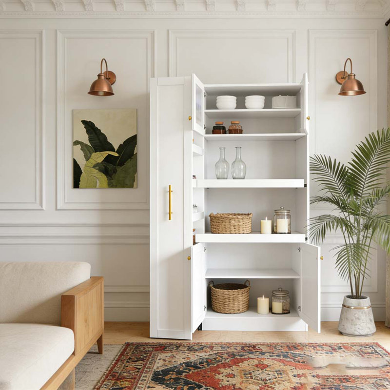 Kitchen pantry cabinet with multi-functional pull-out multi-tier storage shelf, White