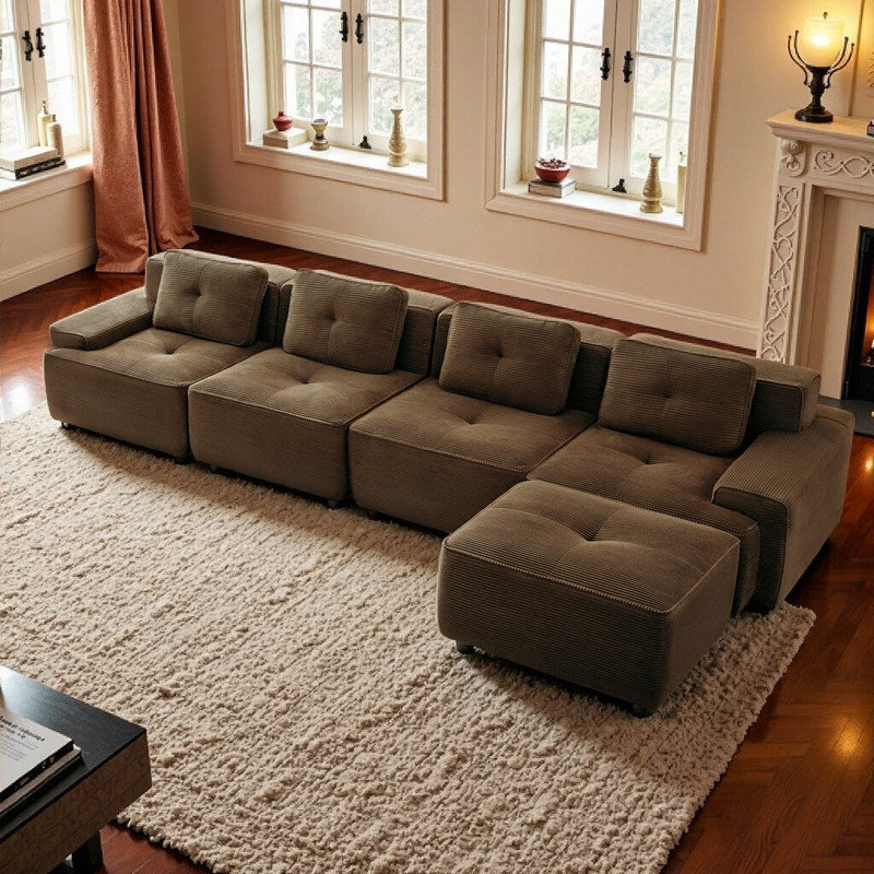 Mobilier de salon modulaire en forme de L de 153 po avec repose-pieds 4 places, Brun