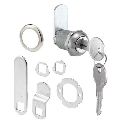 Diecast Keyed Alike Drawer and Cabinet Lock  3 Cams, Trim Collar, 2 Washers, 2 Keys and Fasteners  7/8 In. Length for 9/16 In. Max Panel Thickness, Stainless Steel (1 Set)