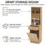 Armoire de rangement haute et étroite avec compartiment poubelle basculant, meuble de rangement de cuisine en noyer cannelé avec tiroir et étagères ouvertes-1179302824