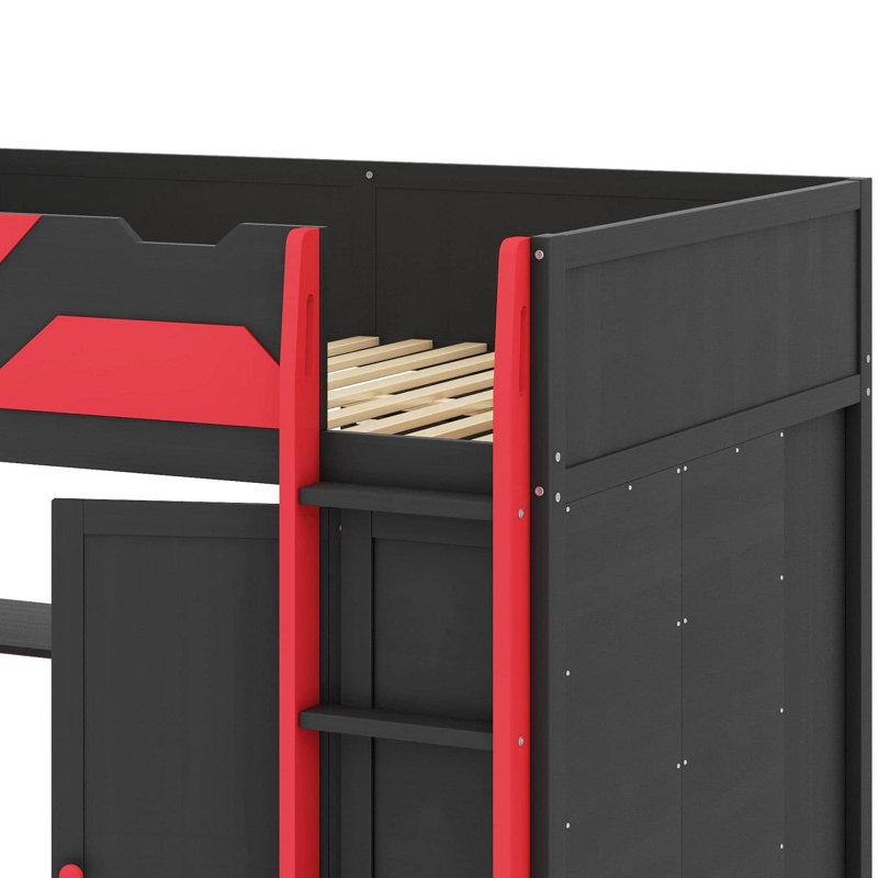 Full Size Wood Loft Bed With Desk, Multi-Storage Shelves,USB And RGB Light, Red