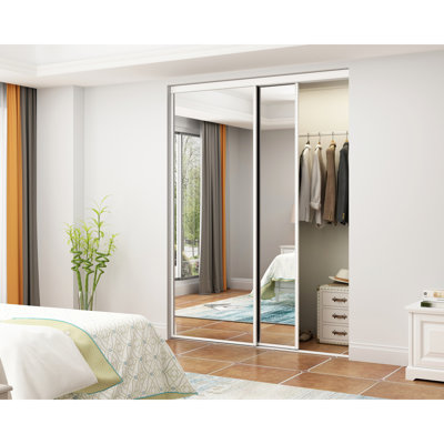 Porte coulissante intérieure 60 po x 80 po à miroir en acier avec cadre blanc et garniture blanche