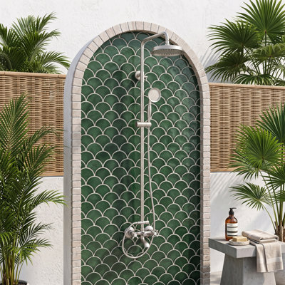 64"H Three Function Solid Brass Wall Mounted Vintage Outdoor Shower Sysetem
