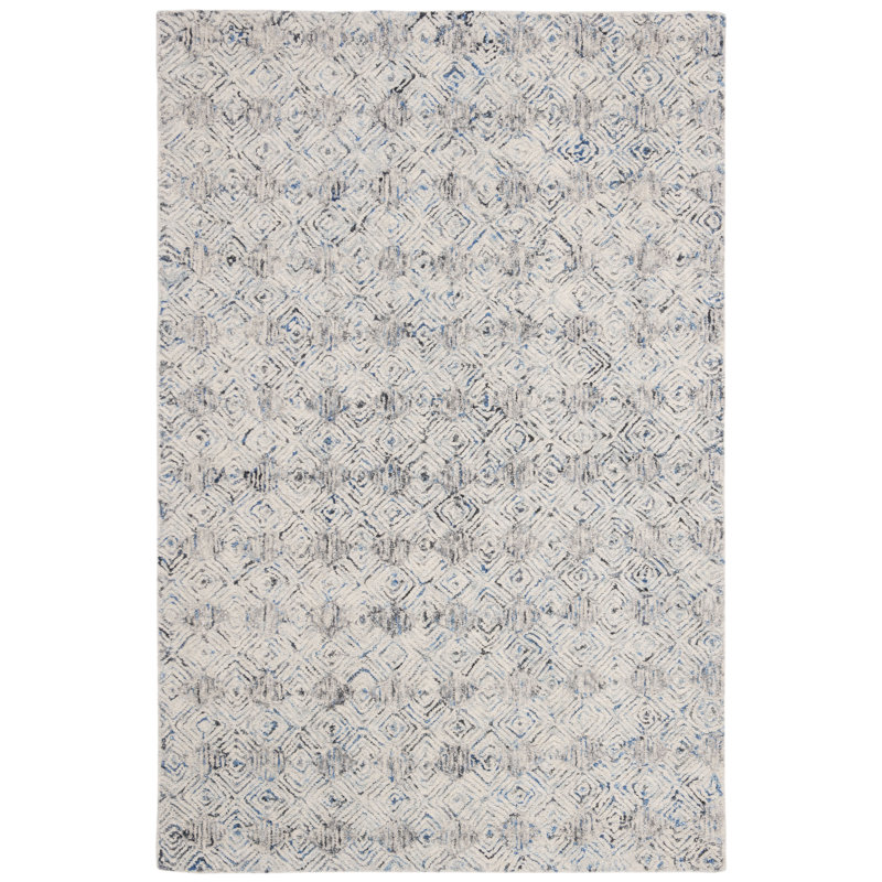 Tapis bleu / ivoire en laine touffeté à la main à motif géométrique, Rectangle 4 pi x 6 pi