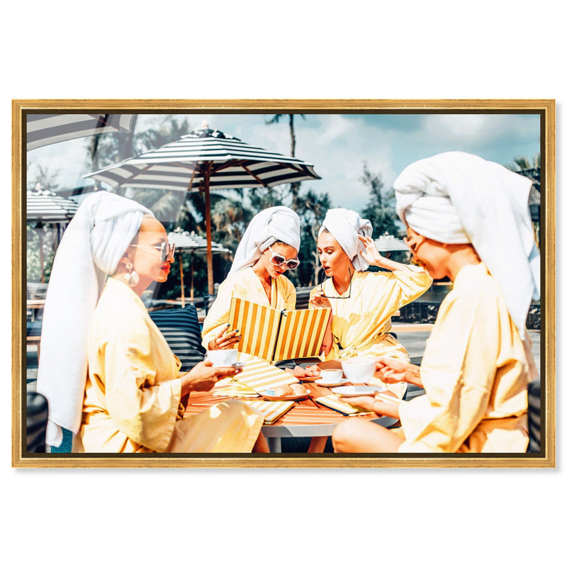 Oliver Gal Ladies Brunch in Beverly Hills Fashion - Framed Acrylic Glass Wall Art, 21" H x 31" W, Gold