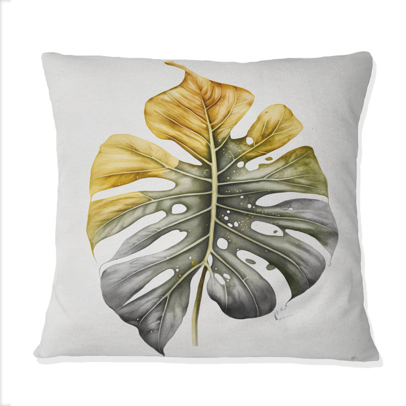 Coussin décoratif jaune et gris à motif de feuilles de philodendron I