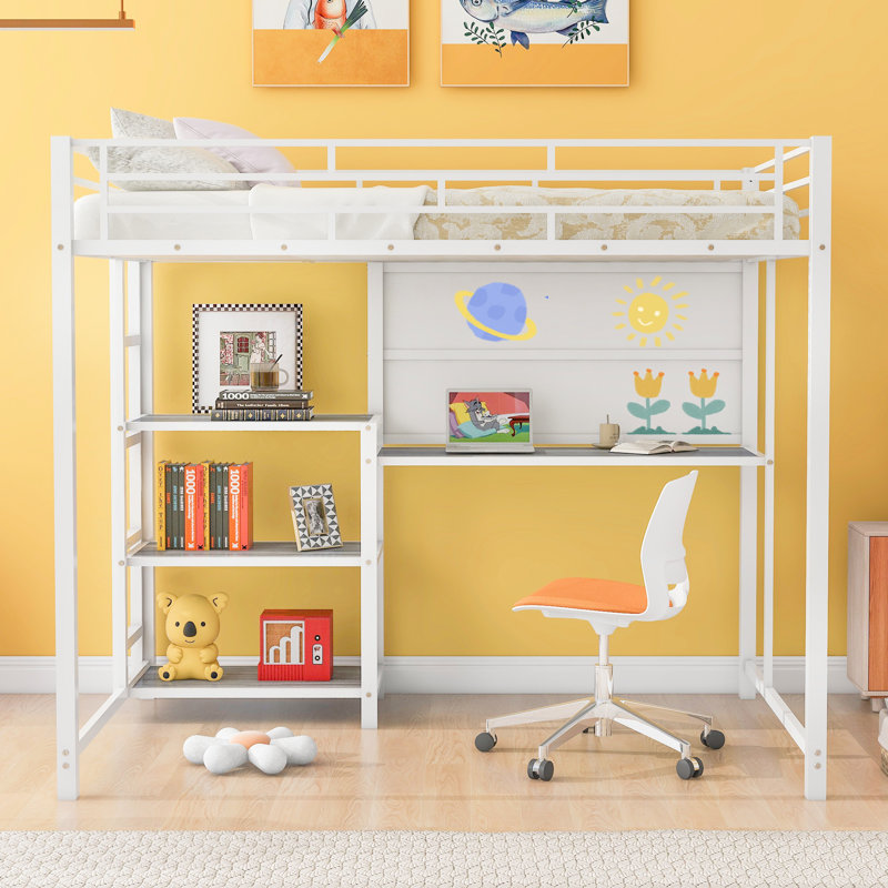 Lit mezzanine avec bureau et tableau blanc, lit mezzanine en métal avec 3 tablettes et échelle, cadre de lit, Lit double