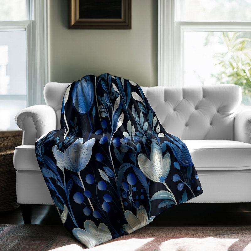 Fleurs indigo - couverture sherpa de qualité supérieure 1 pièce, Lit simple
