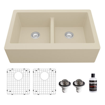 Karran Quartz 34'' X 21-1/4'' 50/50 Double Bowl Farmhouse/Apron Front Kitchen Sink Kit