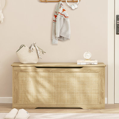  Storage Chest With Rattan, Wooden Storage Box With Safety Hinge And Gel Bumpers