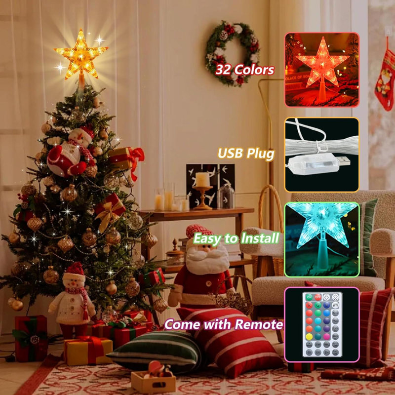 Christmas Tree Topper, 9" Lighted Christmas Tree Topper Star KBG LED 20 Light Modes Colour Changing USB Powered With Versatile Remote Controller For Xmas Decorations