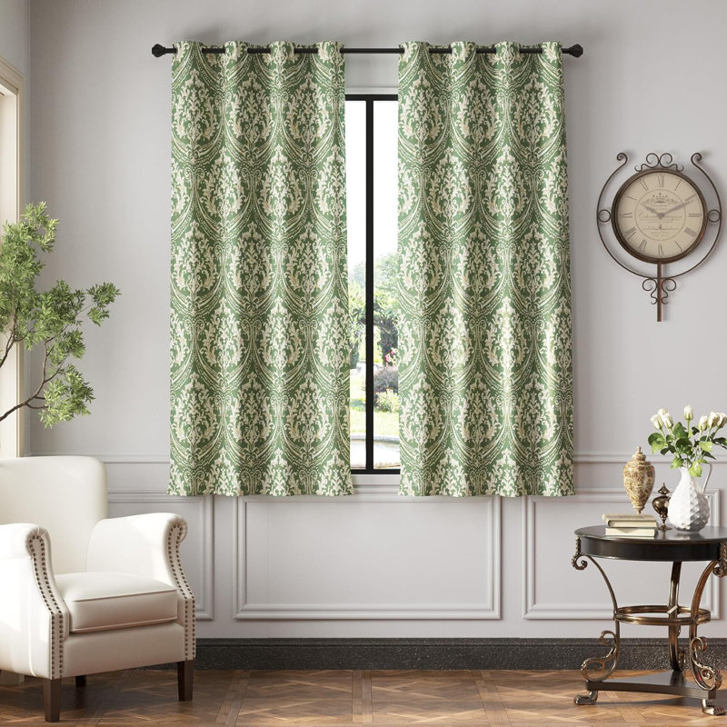 Rideaux occultant à motif damas à œillets pour le salon, Vert, L 52 po x L 63 po