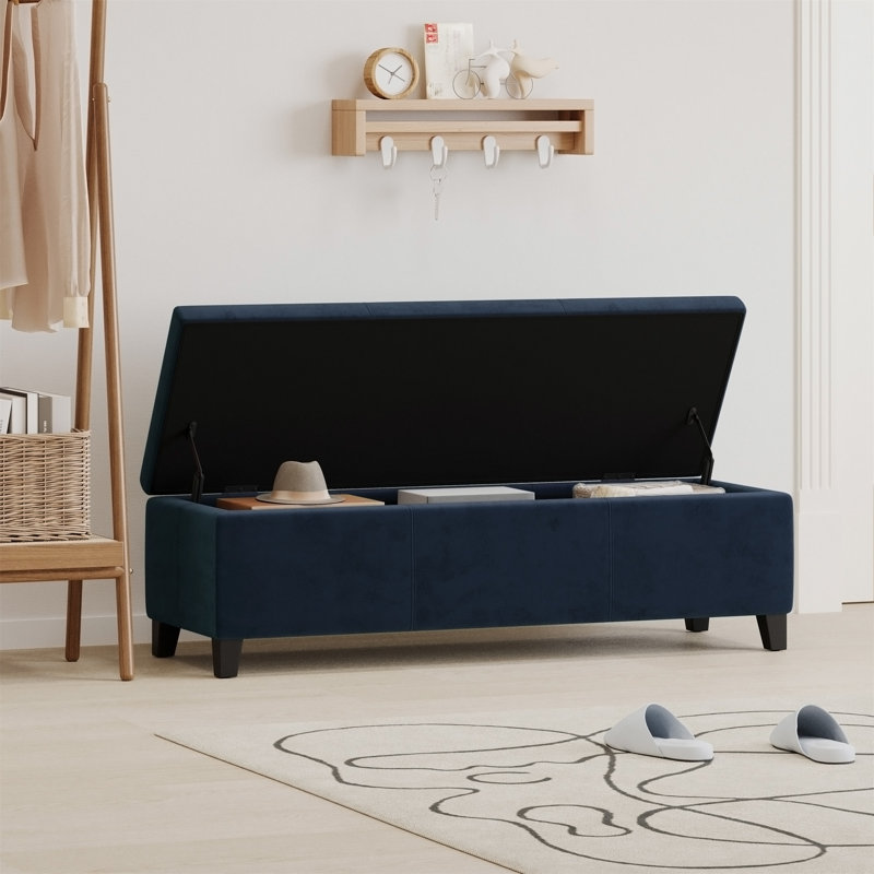 Banc coffre ottoman bleu foncé d'intérieur - 130 cm (51,25 po) de long, recouvert de tissu, avec rangement dissimulé