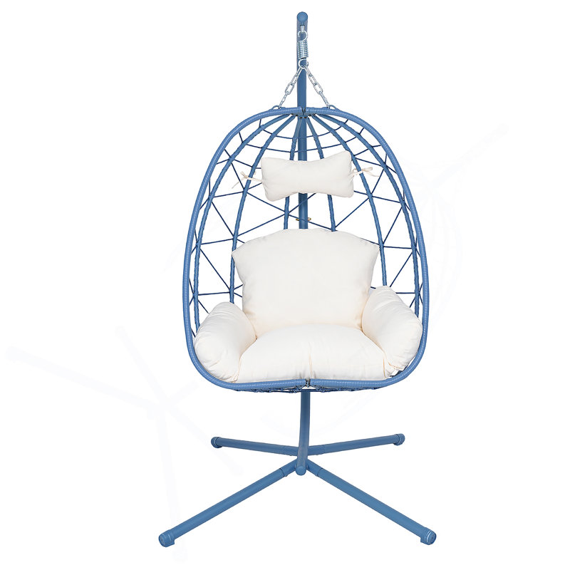 Fauteuil suspendu suspendu en osier avec support et coussin lavable pour patio, Blanc, Bleu