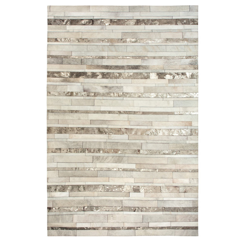 Tapis rayé en cuir fabriqué à la main ivoire / argent / brun Kronos, Rectangle 6 pi x 9 pi