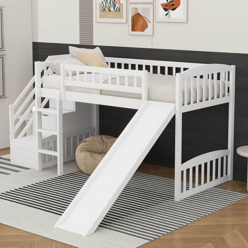 Stairway Twin Size Loft Bed With Slide, White