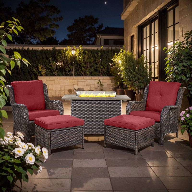 Wendye 5-Piece Outdoor Furniture Set, 2 Patio Chairs, 2 Ottomans & 55K BTU Fire Pit Table, Red, Brown
