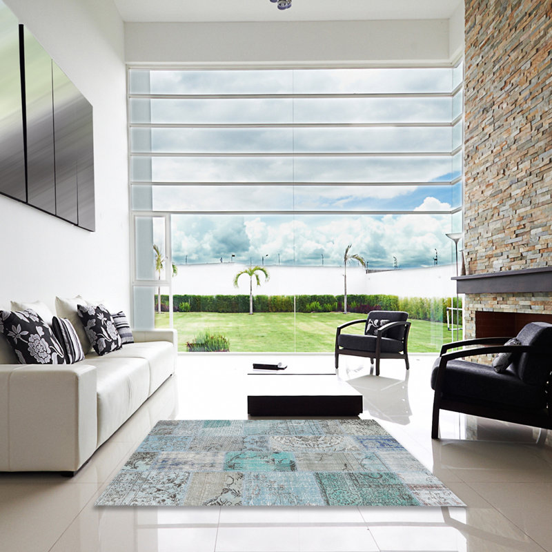 Tapis bleu/gris contemporain, Carré 5 pi
