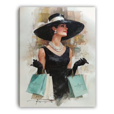 Elegant Fashion Woman in Black Dress with Hat Wrapped Canvas Wall Art Print