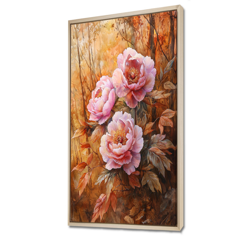 Pivoines et forêt d'automne II - pivoines, art mural, H 60 po x l 28 po, Reproduction avec cadre flottant, Crème, crème