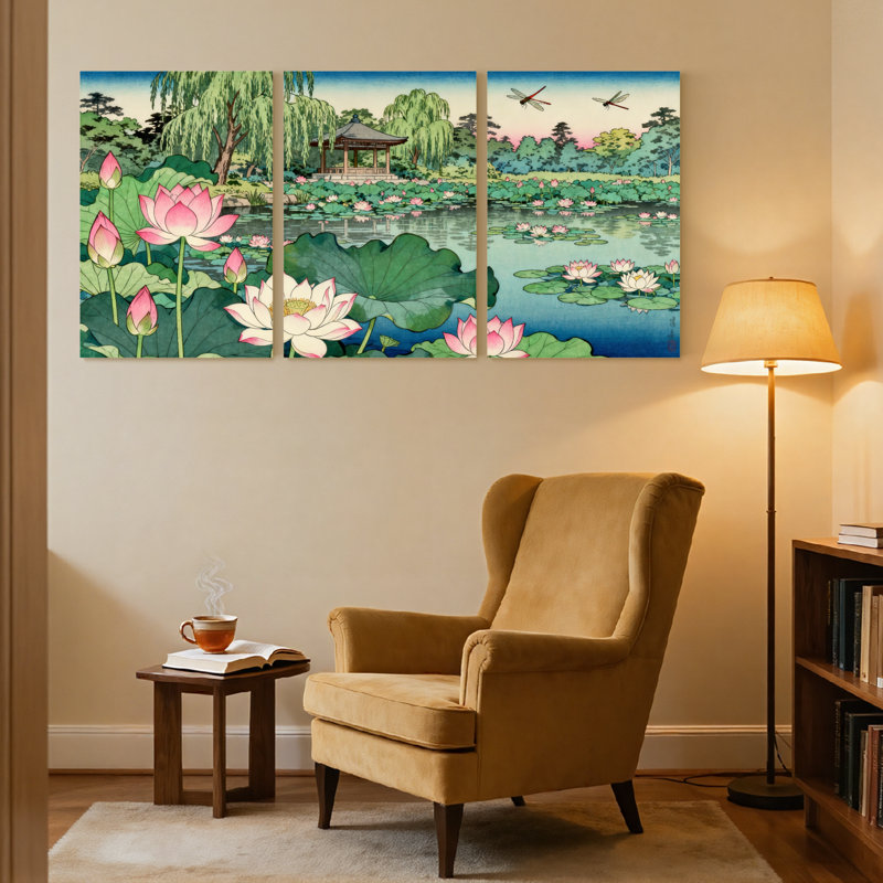 Fleurs de lotus, jardin, étang, pavillon, libellules, réflexions, ensemble de 3 impressions sur toile, H 36 po x l 72 po