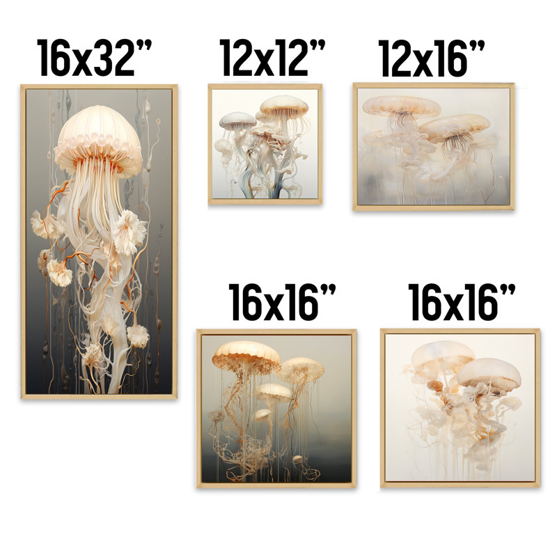 Minimalisme méduse Wonders - méduse ensemble de 5 reproductions d'art sur toile, Cadre flottant brun