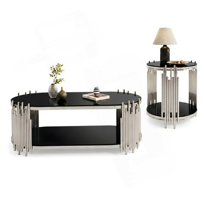 Ensemble de 2 tables gigognes ovales en verre noir moderne avec tiges verticales en métal