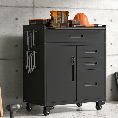 Heavy-Duty Mobile Tool Cabinet With 4 Drawers & Lockable Door, Rolling Garage Storage