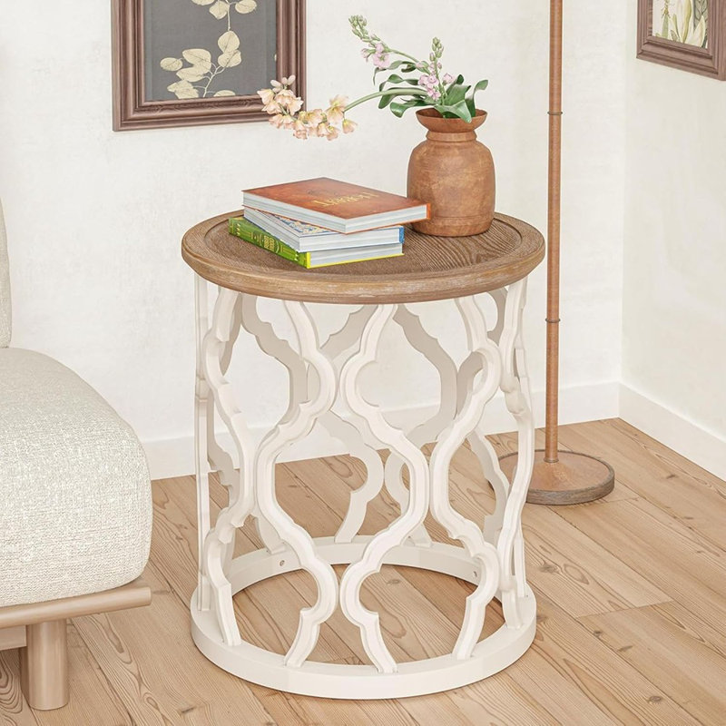 Table de bout Farmhouse, plateau d'appoint à plateau patiné avec base à motif courbé pour boho, rustique, campagne française, petit espace, ronde, blanc